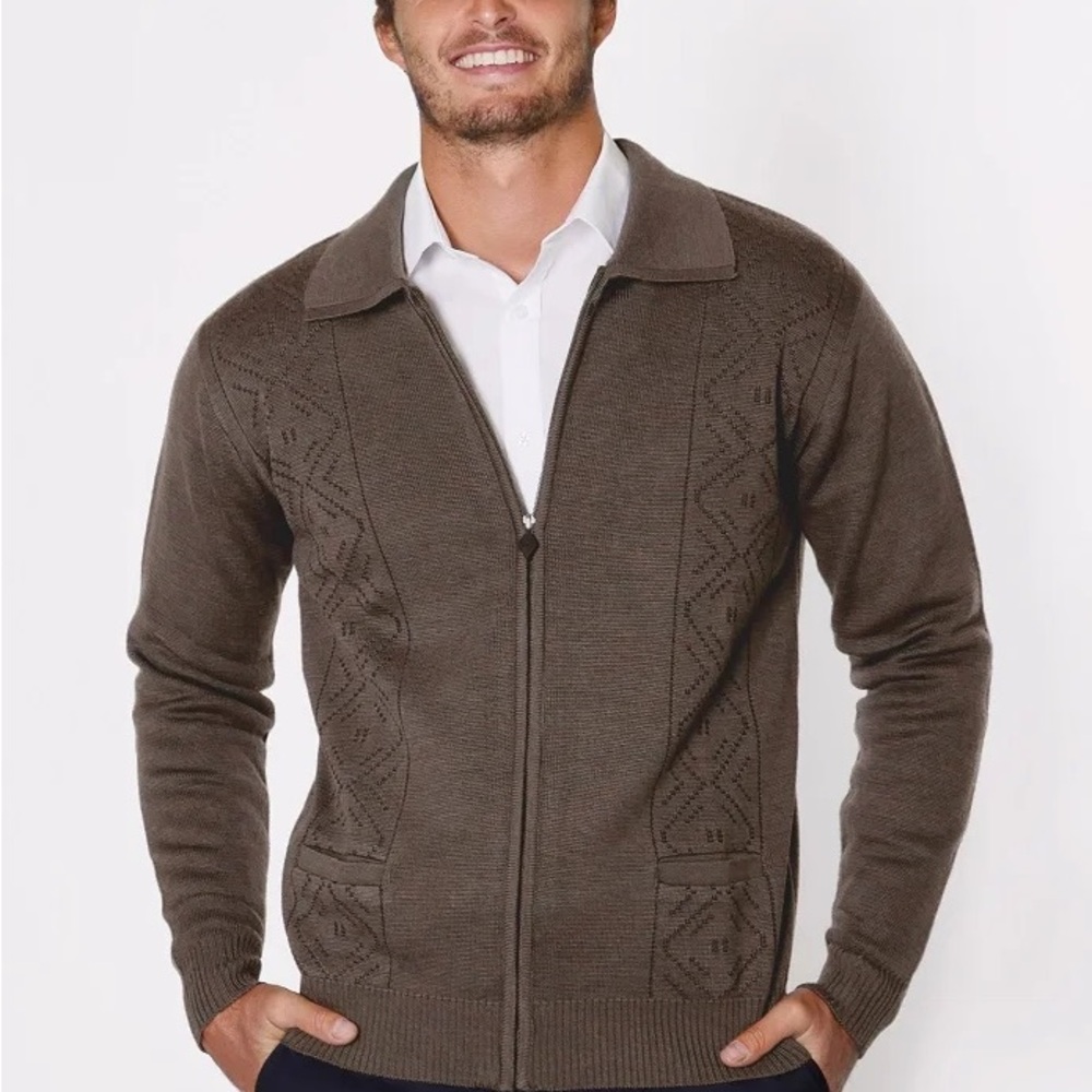 Pure New Wool Zip Up Sweater Casual Guy By Fratelli Nut Color Men’s Size XXL